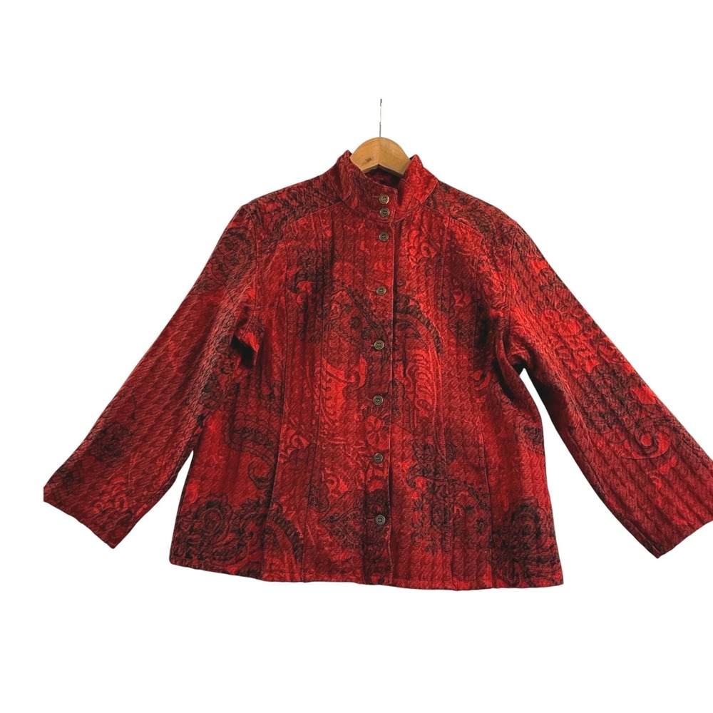 Chico's Jacket Size 3 Red Paisley Quilted Textured Long Sleeve Mock Neck